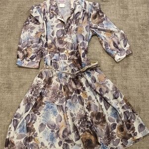 Vintage Petite California Looks Floral Dress w/ Shoulder Pads & Belt